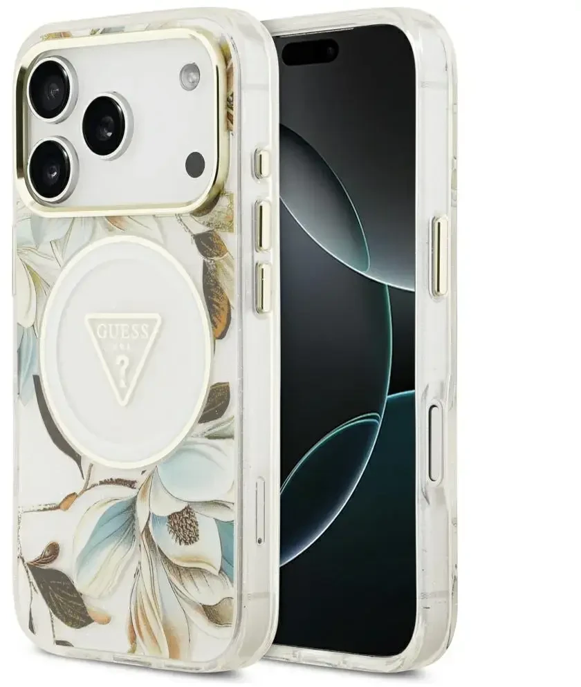 Dėklas Guess IML Glitter Flowers Triangle MagSafe Case for iPhone 17 Pro / 18 Pro - Baltas