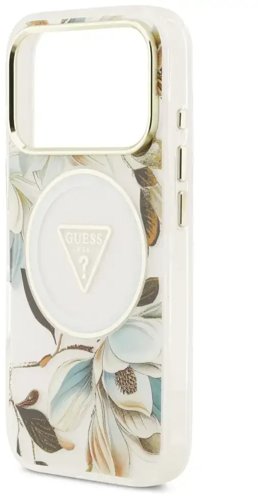 Dėklas Guess IML Glitter Flowers Triangle MagSafe Case for iPhone 17 Pro / 18 Pro - Baltas