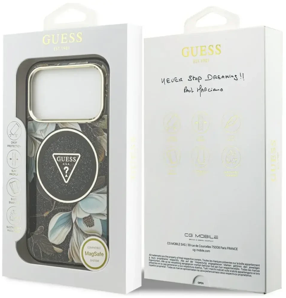 Dėklas Guess IML Glitter Flowers Triangle MagSafe Case for iPhone 17 Pro / 18 Pro - Juodas