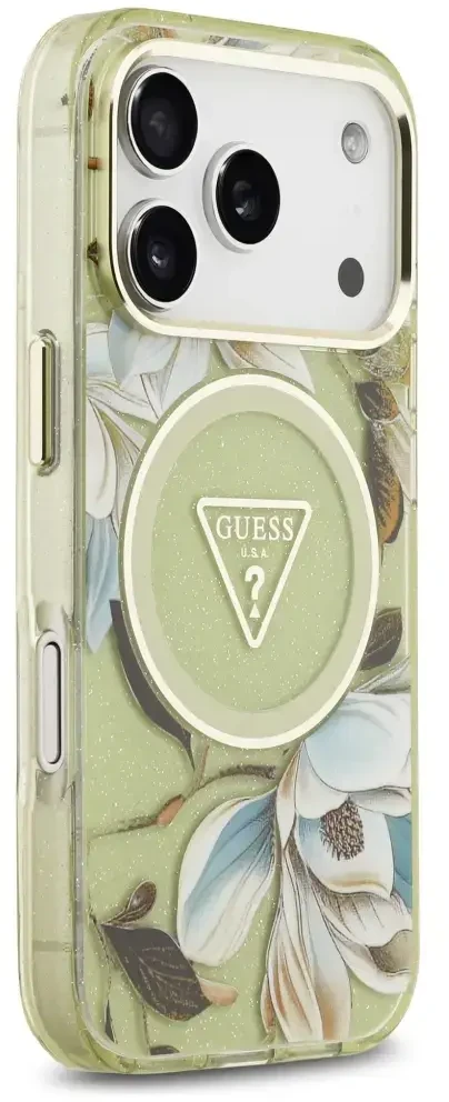 Dėklas Guess IML Glitter Flowers Triangle MagSafe Case for iPhone 17 Pro / 18 Pro - Žalias