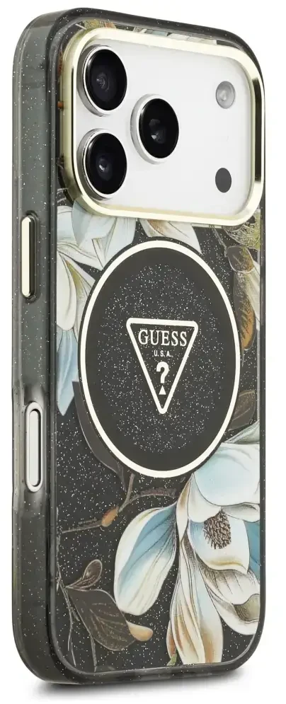 Dėklas Guess IML Glitter Flowers Triangle MagSafe Case for iPhone 17 Pro / 18 Pro - Juodas
