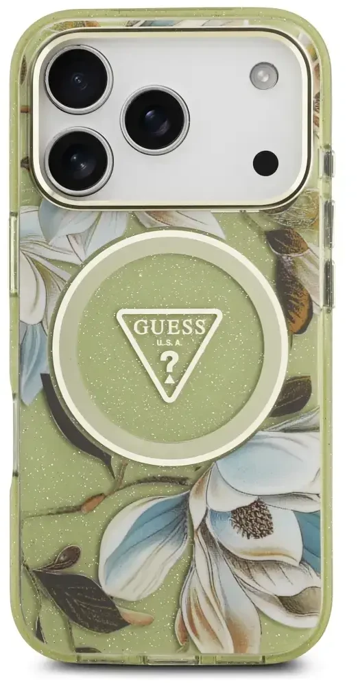 Dėklas Guess IML Glitter Flowers Triangle MagSafe Case for iPhone 17 Pro / 18 Pro - Žalias