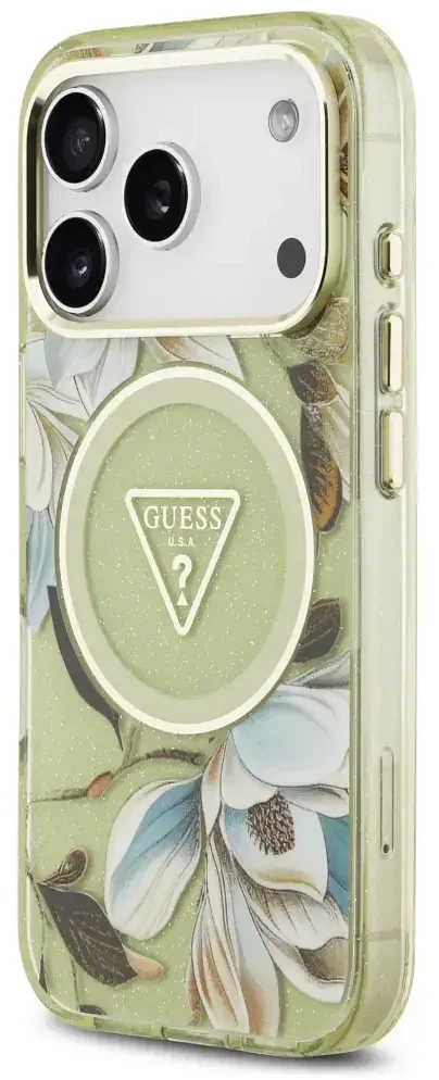 Dėklas Guess IML Glitter Flowers Triangle MagSafe Case for iPhone 17 Pro / 18 Pro - Žalias