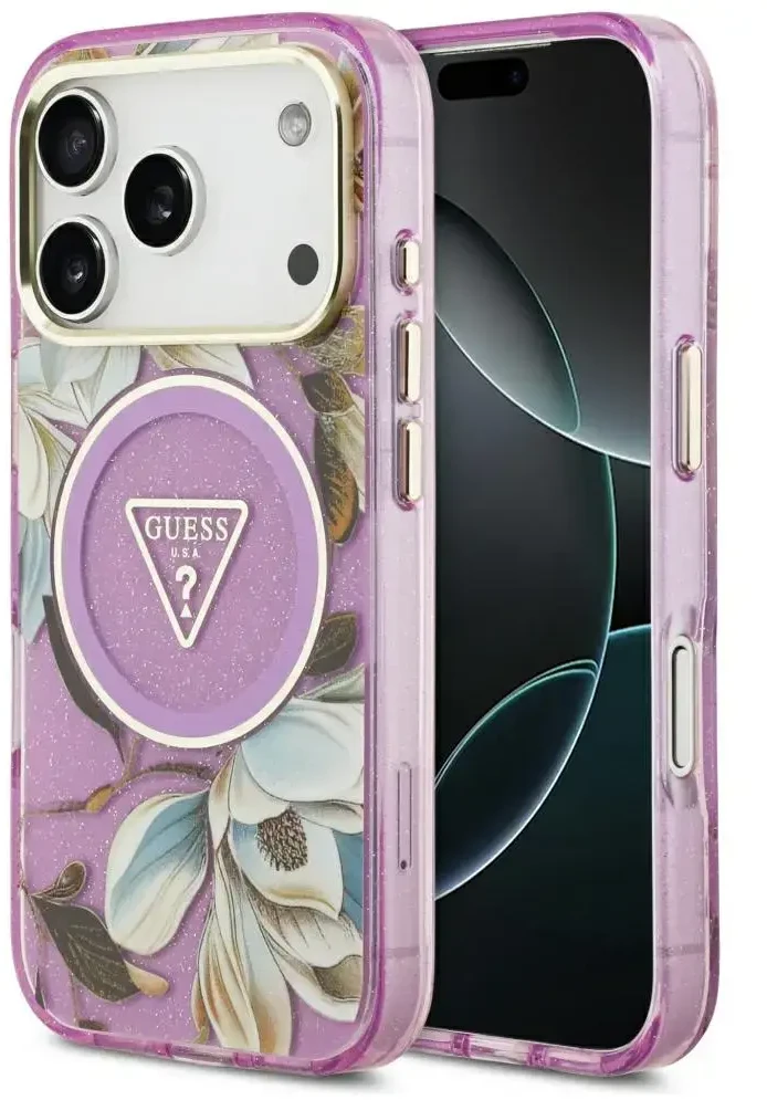 Dėklas Guess IML Glitter Flowers Triangle MagSafe Case for iPhone 17 Pro / 18 Pro - Violetinė