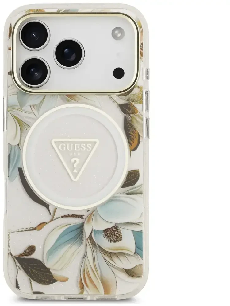 Dėklas Guess IML Glitter Flowers Triangle MagSafe Case for iPhone 17 Pro / 18 Pro - Baltas