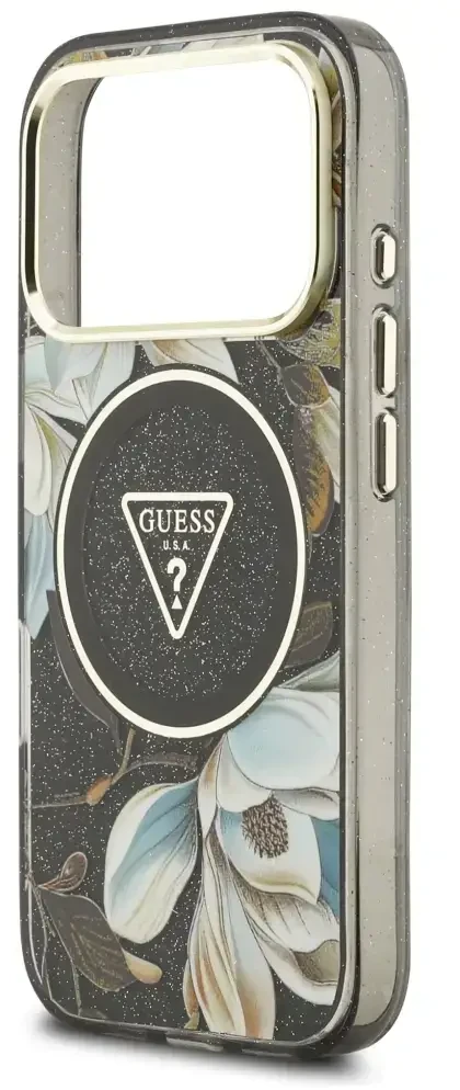 Dėklas Guess IML Glitter Flowers Triangle MagSafe Case for iPhone 17 Pro / 18 Pro - Juodas
