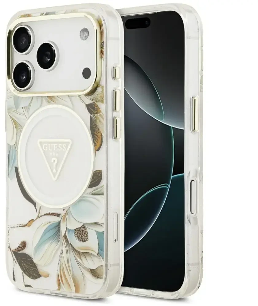 Guess IML Glitter Flowers Triangle MagSafe dėklas skirtas Apple iPhone 17 Pro baltos spalvos