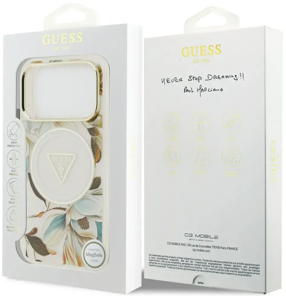 Dėklas Guess IML Glitter Flowers Triangle MagSafe Case for iPhone 17 Pro / 18 Pro - Baltas