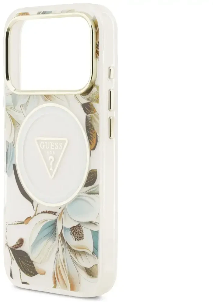 Guess IML Glitter Flowers Triangle MagSafe dėklas skirtas Apple iPhone 17 Pro baltos spalvos