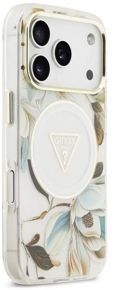 Guess IML Glitter Flowers Triangle MagSafe dėklas skirtas Apple iPhone 17 Pro baltos spalvos