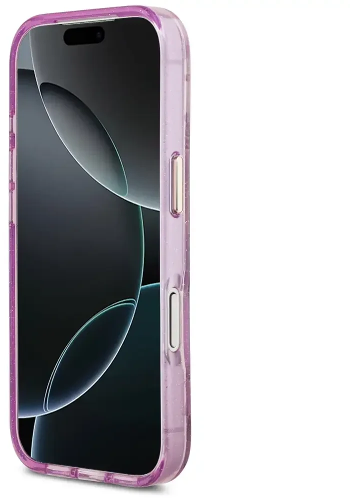 Dėklas Guess IML Glitter Flowers Triangle MagSafe Case for iPhone 17 Pro / 18 Pro - Violetinė
