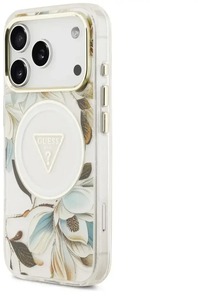 Guess IML Glitter Flowers Triangle MagSafe dėklas skirtas Apple iPhone 17 Pro baltos spalvos