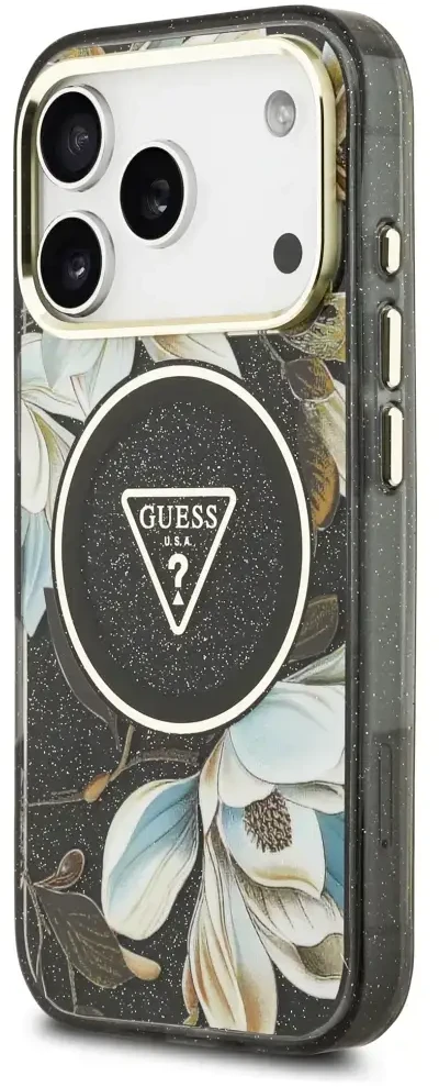 Dėklas Guess IML Glitter Flowers Triangle MagSafe Case for iPhone 17 Pro / 18 Pro - Juodas