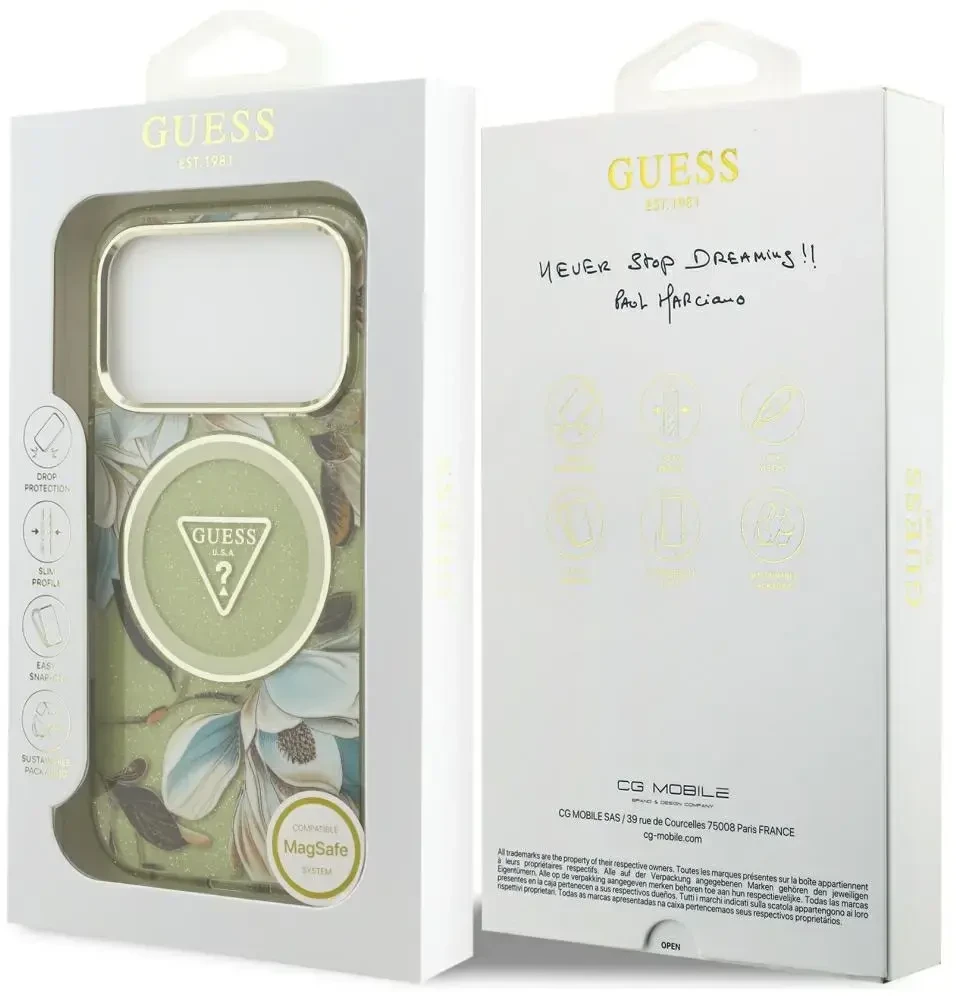 Dėklas Guess IML Glitter Flowers Triangle MagSafe Case for iPhone 17 Pro / 18 Pro - Žalias