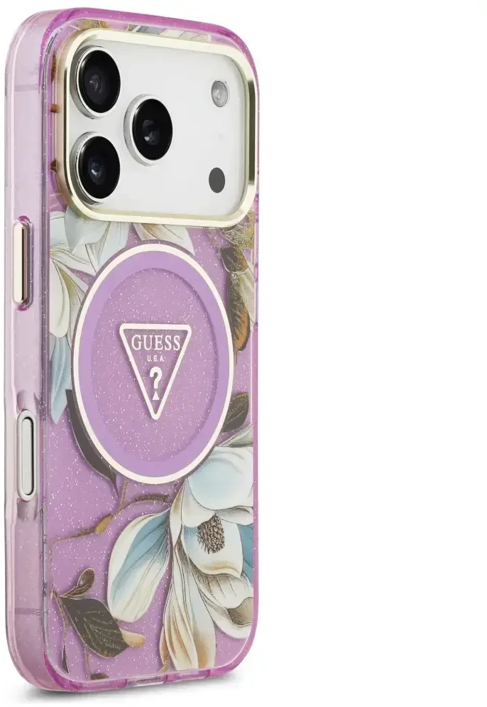Dėklas Guess IML Glitter Flowers Triangle MagSafe Case for iPhone 17 Pro / 18 Pro - Violetinė