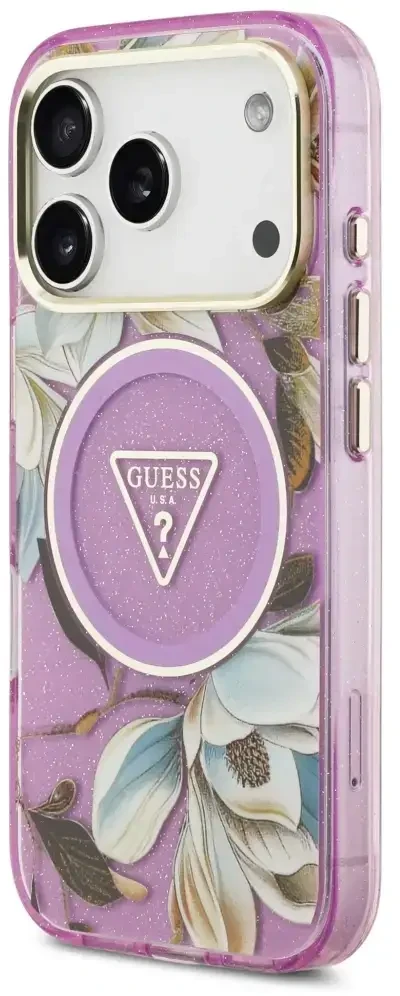 Dėklas Guess IML Glitter Flowers Triangle MagSafe Case for iPhone 17 Pro / 18 Pro - Violetinė