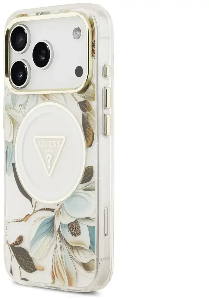 Dėklas Guess IML Glitter Flowers Triangle MagSafe Case for iPhone 17 Pro / 18 Pro - Baltas