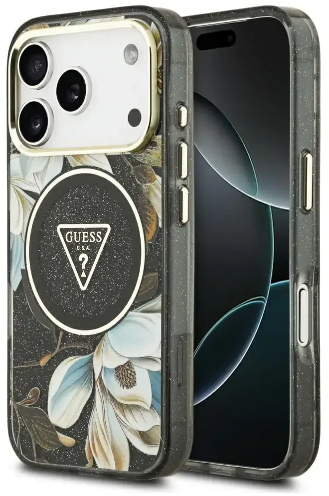 Dėklas Guess IML Glitter Flowers Triangle MagSafe Case for iPhone 17 Pro / 18 Pro - Juodas