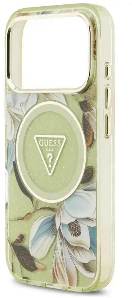Dėklas Guess IML Glitter Flowers Triangle MagSafe Case for iPhone 17 Pro / 18 Pro - Žalias