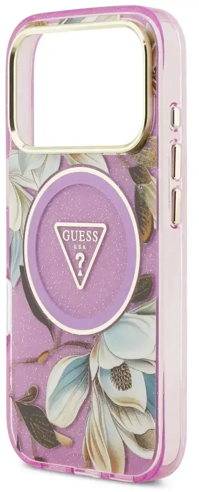 Dėklas Guess IML Glitter Flowers Triangle MagSafe Case for iPhone 17 Pro / 18 Pro - Violetinė