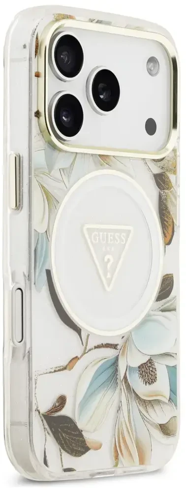 Dėklas Guess IML Glitter Flowers Triangle MagSafe Case for iPhone 17 Pro / 18 Pro - Baltas