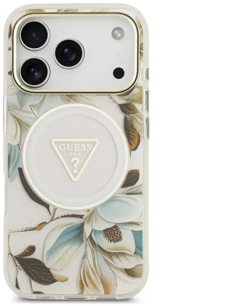 Guess IML Glitter Flowers Triangle MagSafe dėklas skirtas Apple iPhone 17 Pro baltos spalvos