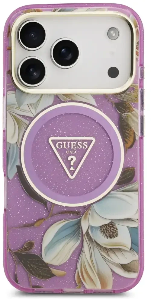 Dėklas Guess IML Glitter Flowers Triangle MagSafe Case for iPhone 17 Pro / 18 Pro - Violetinė