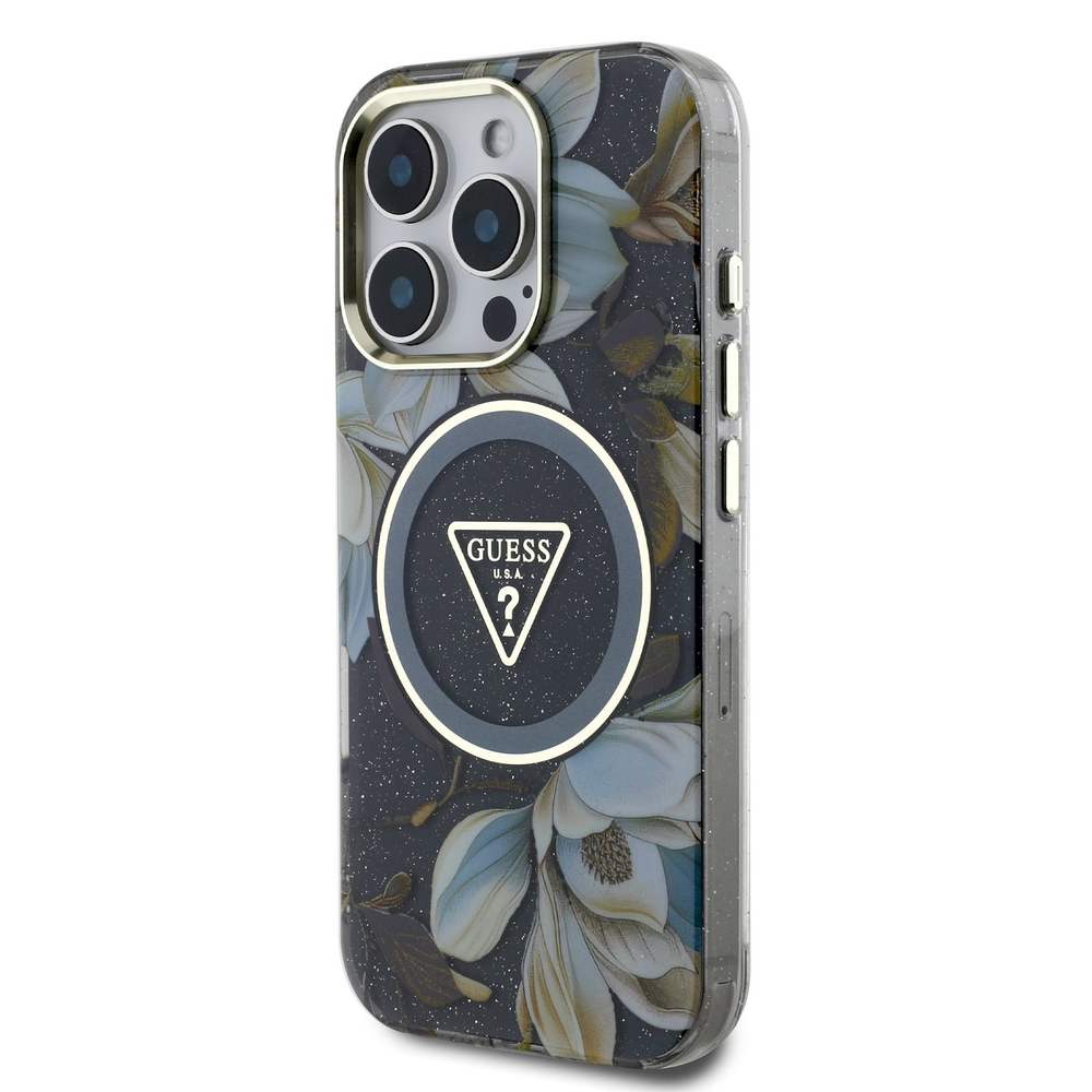 Guess Glitter Flowers Triangle Mygtukai MagSafe Apple iPhone 16 Pro Max dėklas telefonui juodos spalvos