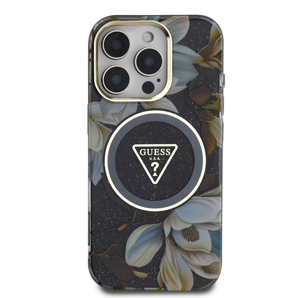 Guess Glitter Flowers Triangle Mygtukai MagSafe Apple iPhone 16 Pro Max dėklas telefonui juodos spalvos