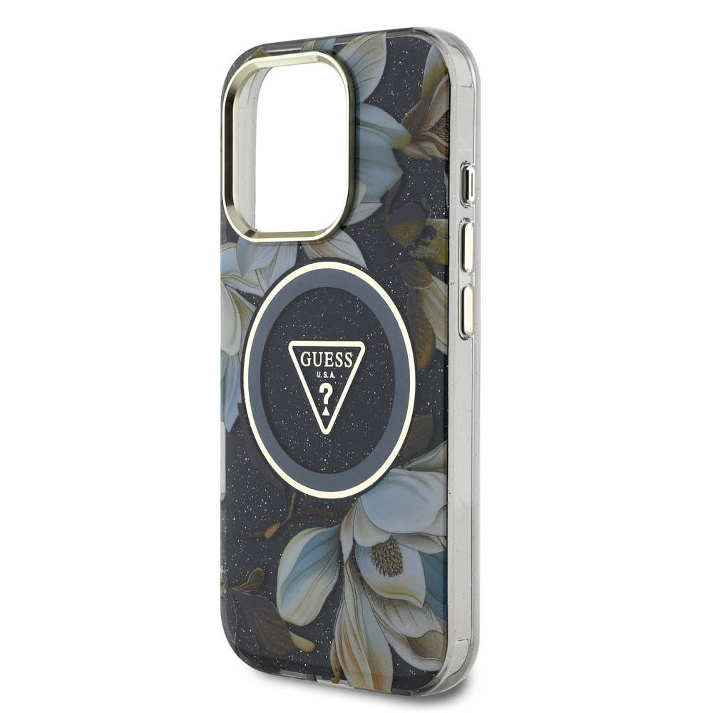 Guess Glitter Flowers Triangle Mygtukai MagSafe Apple iPhone 16 Pro Max dėklas telefonui juodos spalvos