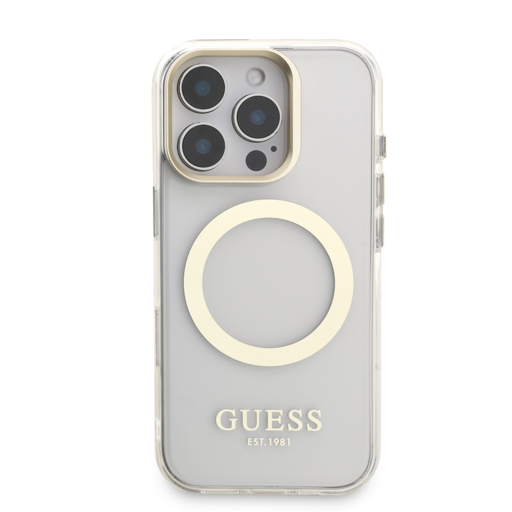 Guess IML Gold Outline Stand Camera Frame MagSafe dėklas skirtas Apple iPhone 16 Pro skaidrus
