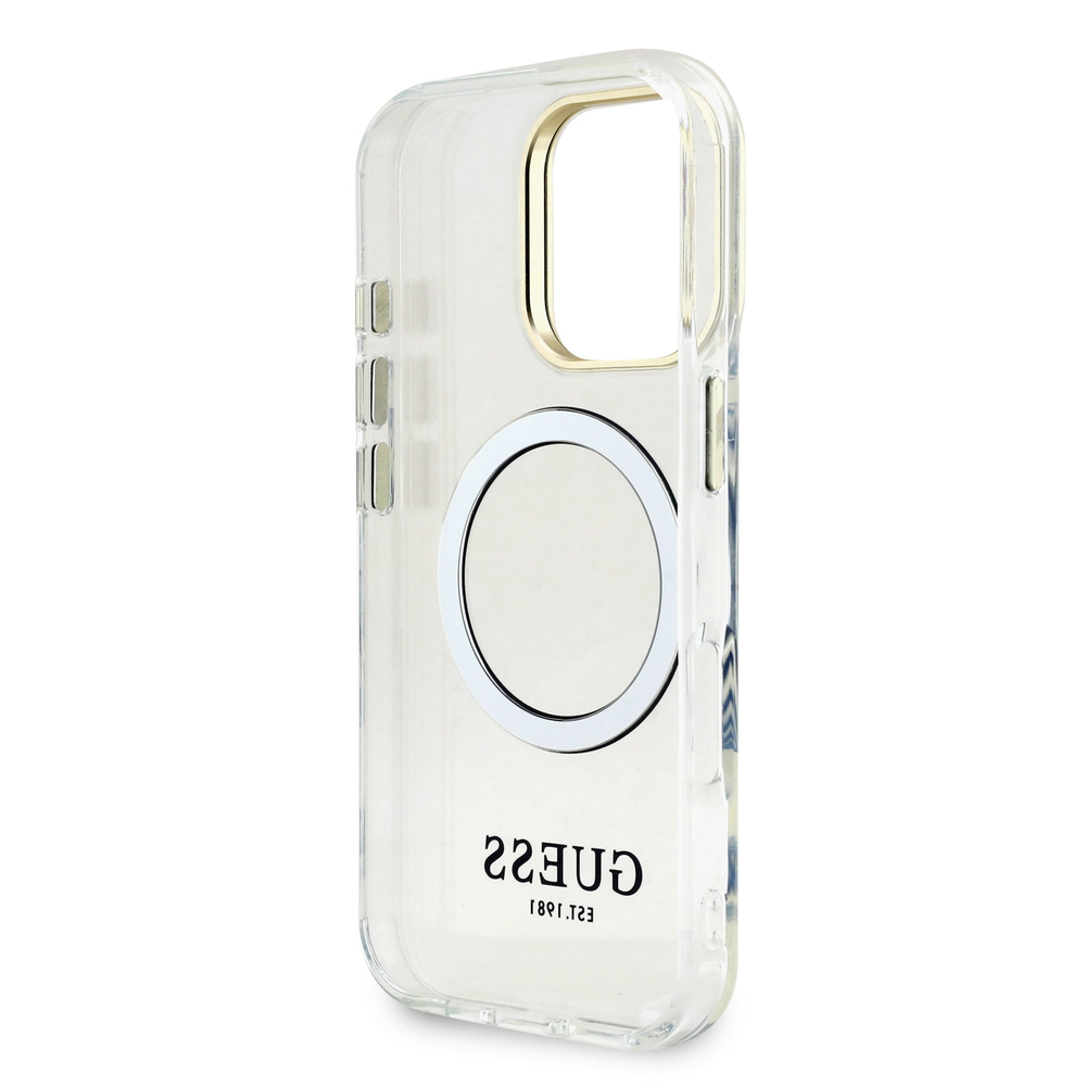Guess IML Gold Outline Stand Camera Frame MagSafe dėklas skirtas Apple iPhone 16 Pro skaidrus