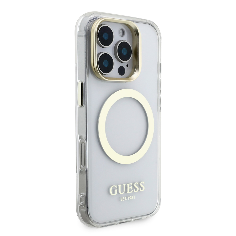 Guess IML Gold Outline Stand Camera Frame MagSafe dėklas skirtas Apple iPhone 16 Pro skaidrus
