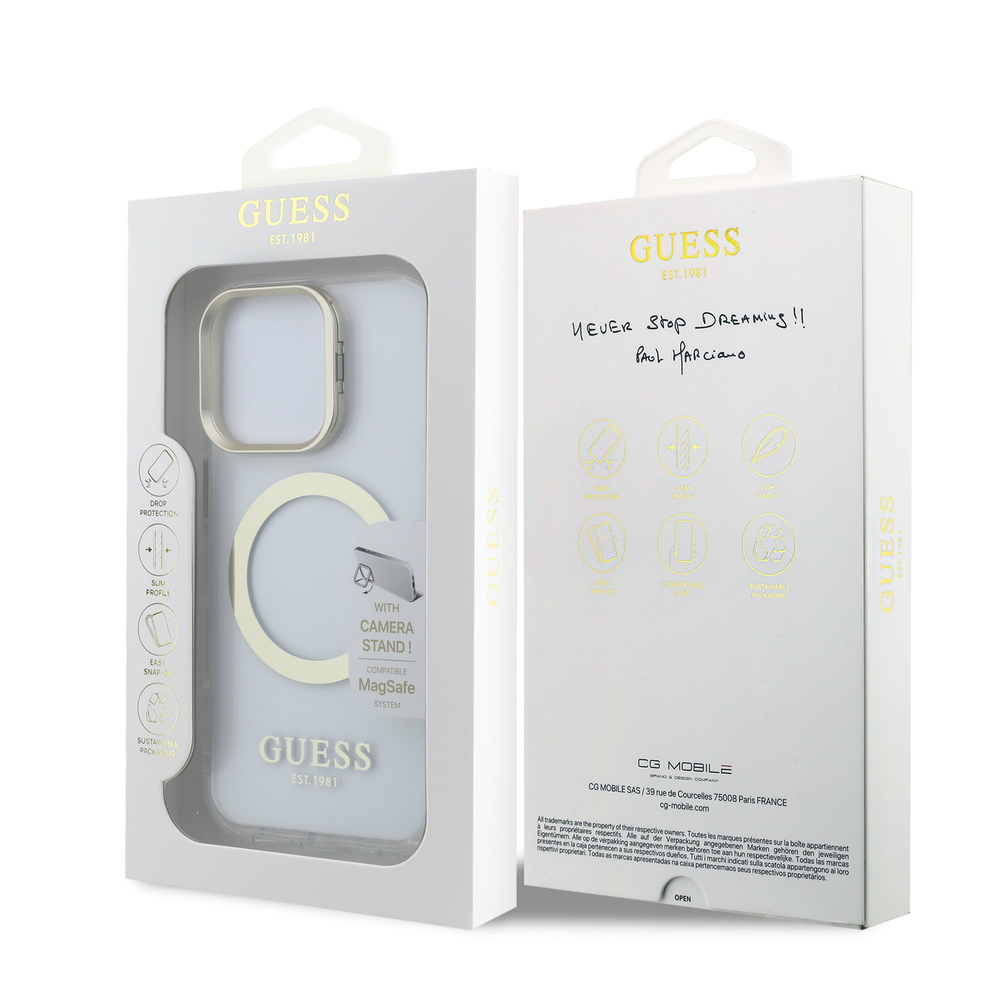 Guess IML Gold Outline Stand Camera Frame MagSafe dėklas skirtas Apple iPhone 16 Pro skaidrus