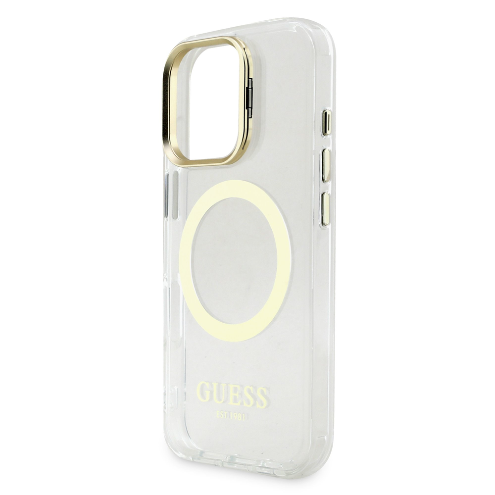Guess IML Gold Outline Stand Camera Frame MagSafe dėklas skirtas Apple iPhone 16 Pro skaidrus