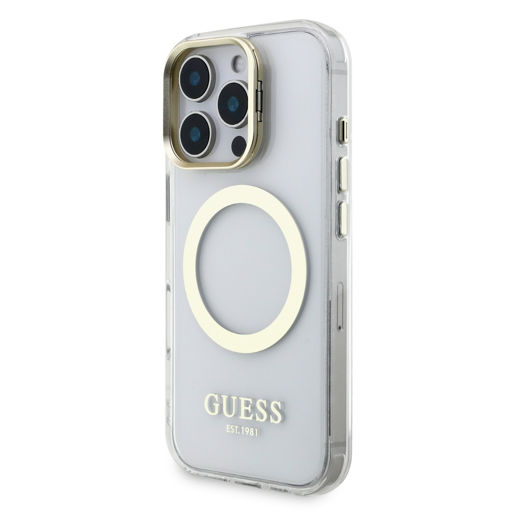Guess IML Gold Outline Stand Camera Frame MagSafe dėklas skirtas Apple iPhone 16 Pro skaidrus