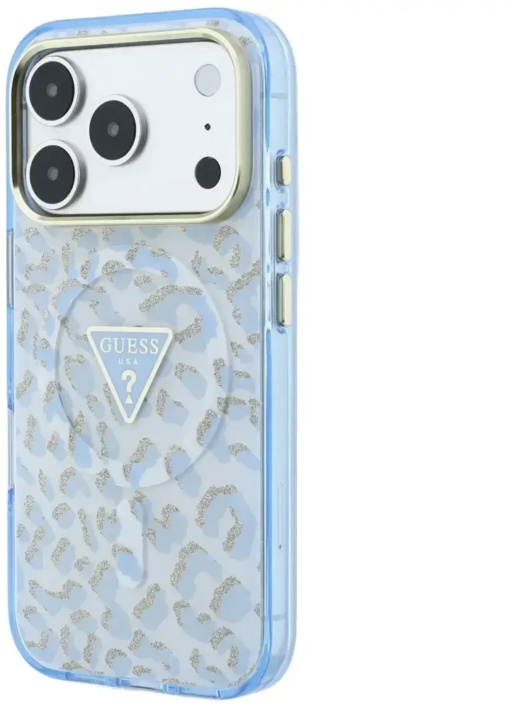 Dėklas Guess IML Leopard Glitter Triangle Logo MagSafe Case for iPhone 17 Pro / 18 Pro - Mėlyna