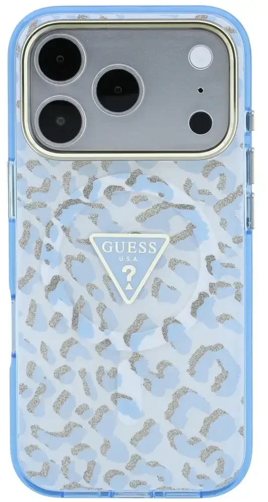 Dėklas Guess IML Leopard Glitter Triangle Logo MagSafe Case for iPhone 17 Pro / 18 Pro - Mėlyna
