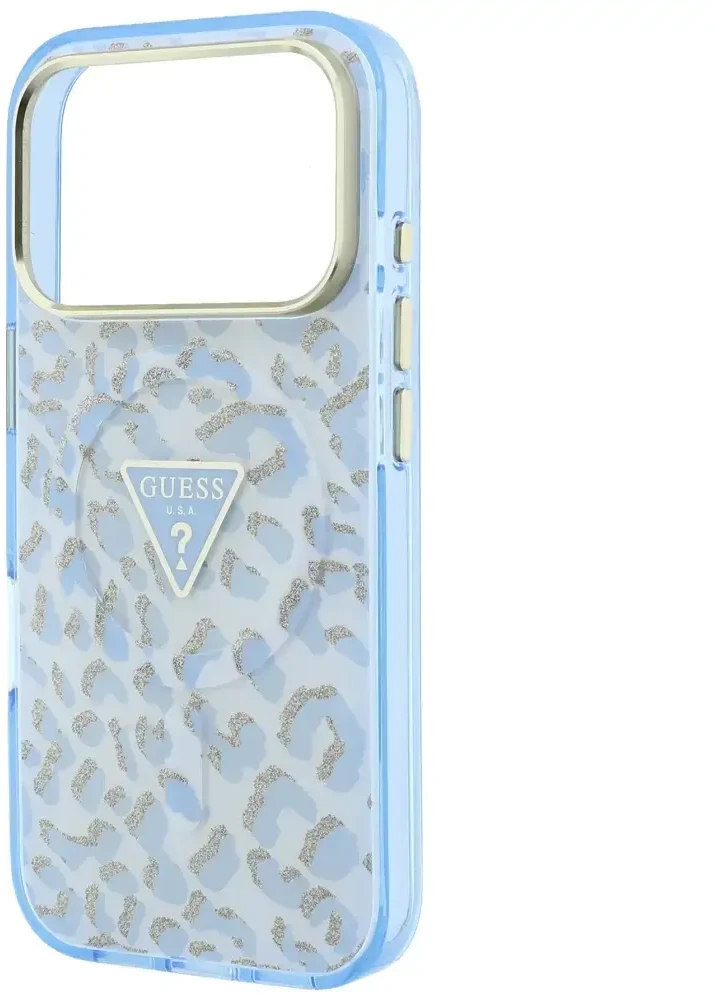 Dėklas Guess IML Leopard Glitter Triangle Logo MagSafe Case for iPhone 17 Pro / 18 Pro - Mėlyna