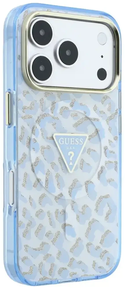 Dėklas Guess IML Leopard Glitter Triangle Logo MagSafe Case for iPhone 17 Pro / 18 Pro - Mėlyna