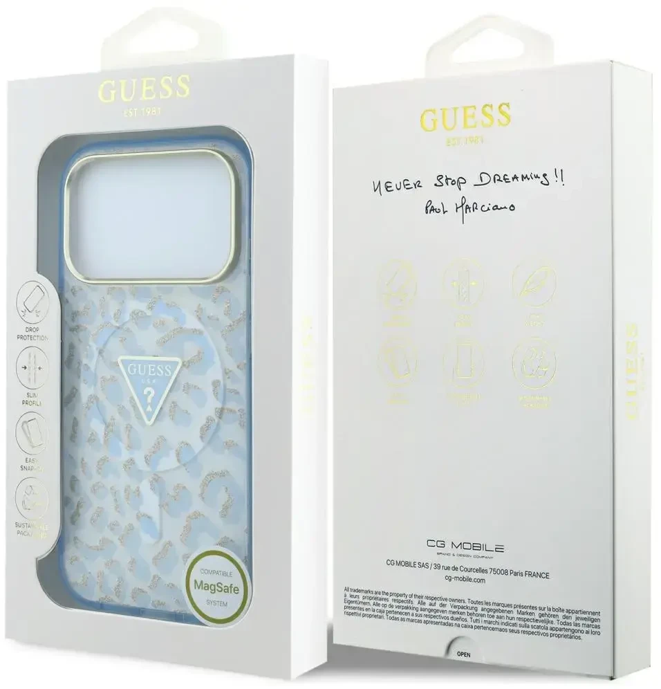 Dėklas Guess IML Leopard Glitter Triangle Logo MagSafe Case for iPhone 17 Pro / 18 Pro - Mėlyna
