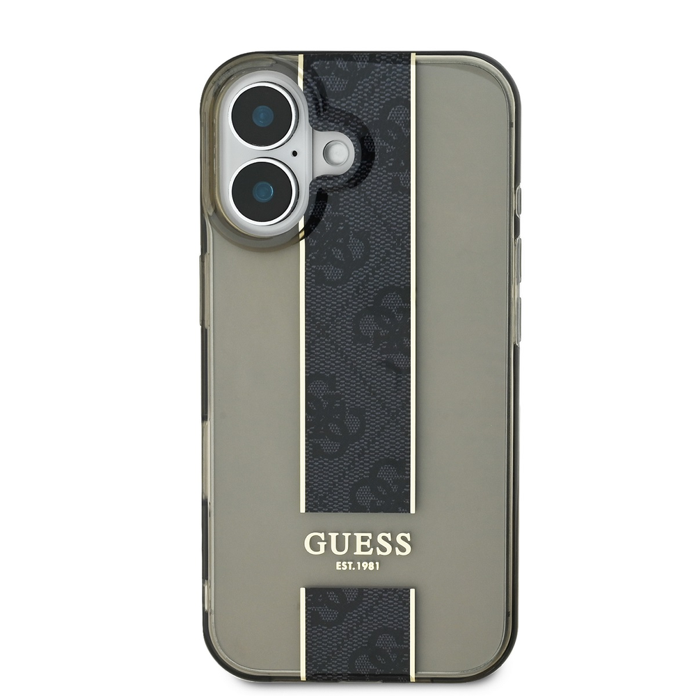 Guess IML Middle 4G Stripe Apple iPhone 16 dėklas telefonui juodos spalvos