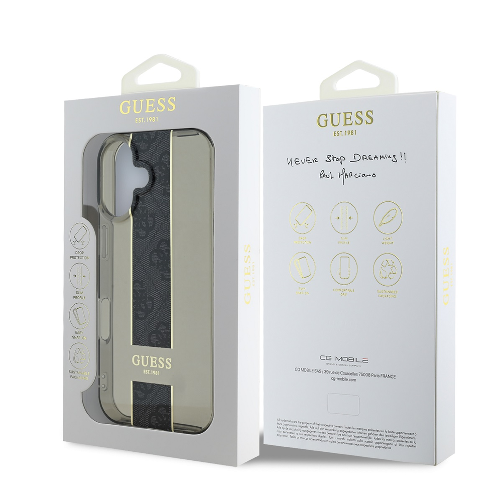 Guess IML Middle 4G Stripe Apple iPhone 16 dėklas telefonui juodos spalvos