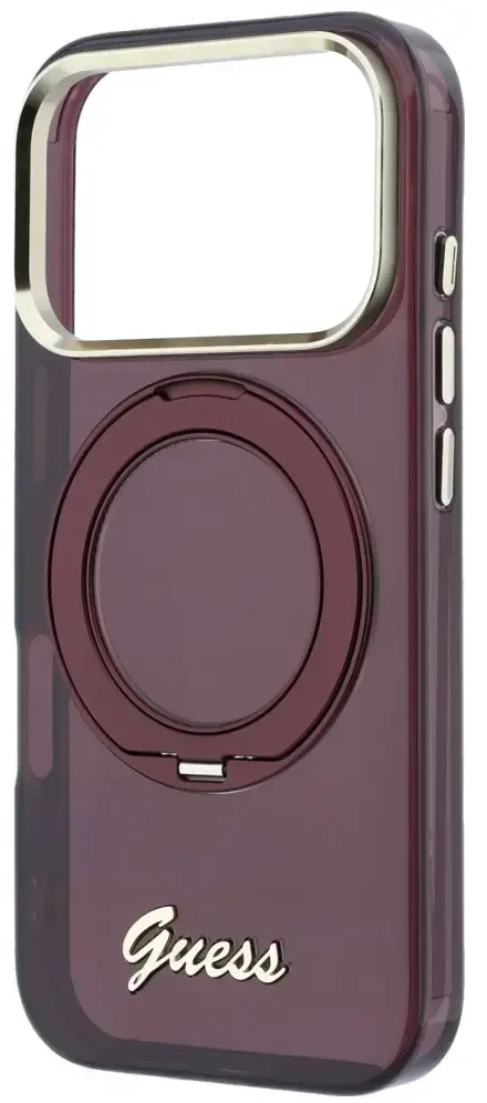 Guess IML Ring Stand 360 Script Metal Logo MagSafe dėklas, skirtas iPhone 18 Pro Max / 17 Pro Max, bordo spalvos