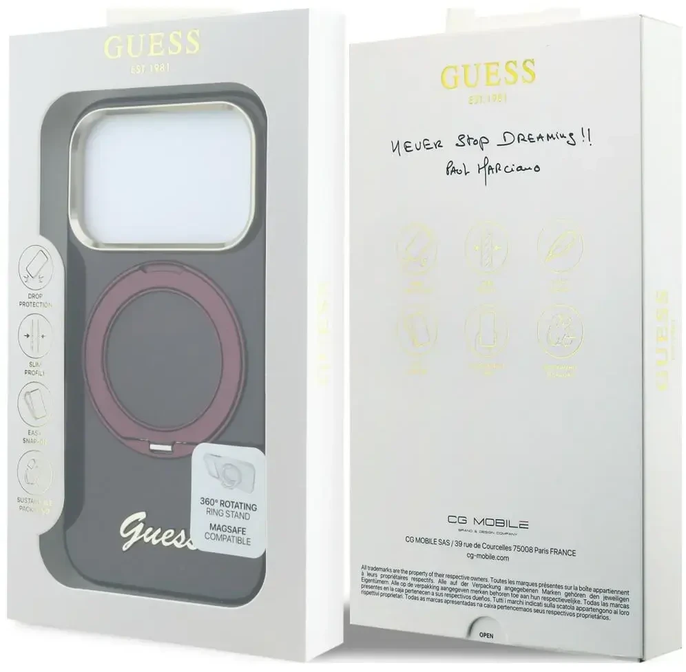 Guess IML Ring Stand 360 Script Metal Logo MagSafe dėklas, skirtas iPhone 18 Pro Max / 17 Pro Max, bordo spalvos