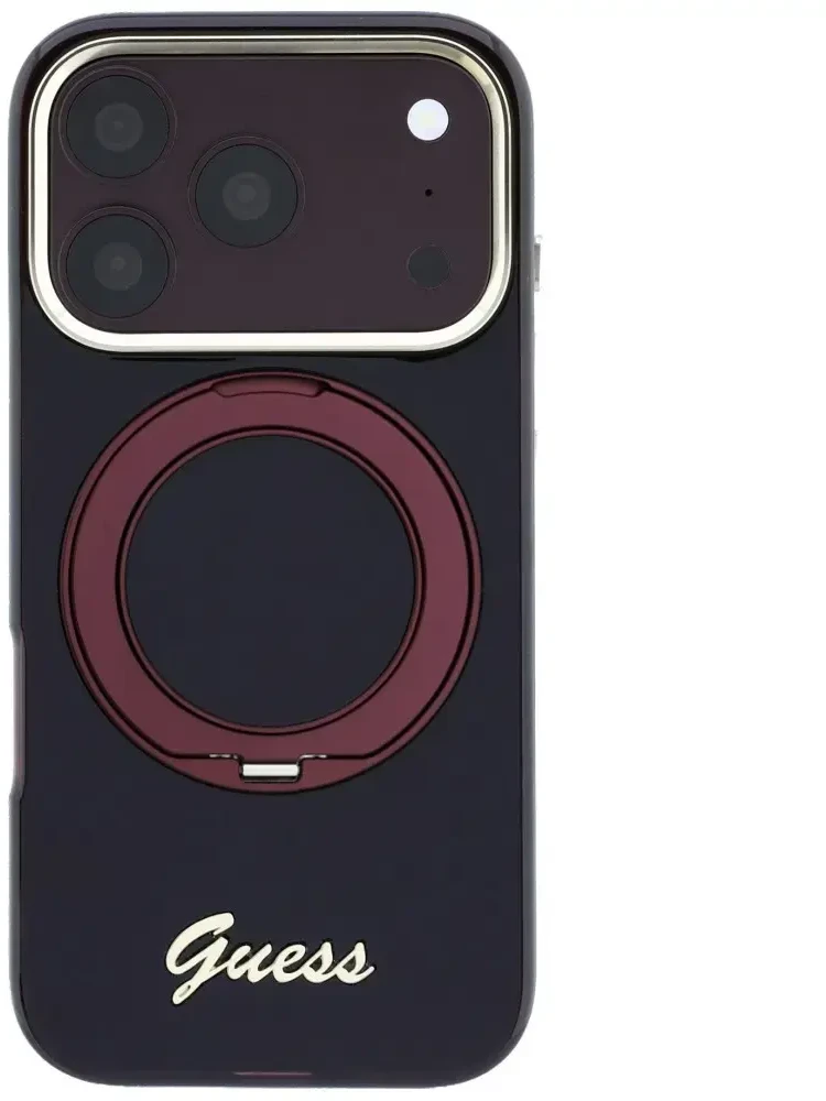Guess IML Ring Stand 360 Script Metal Logo MagSafe dėklas, skirtas iPhone 18 Pro Max / 17 Pro Max, bordo spalvos