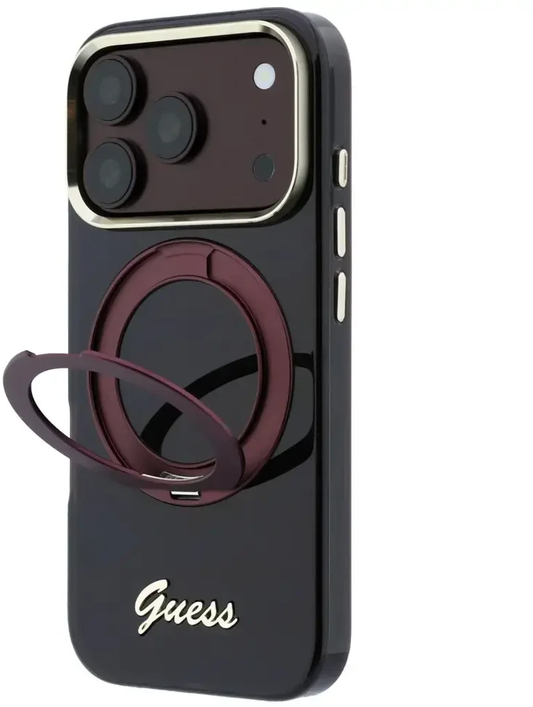 Guess IML Ring Stand 360 Script Metal Logo MagSafe dėklas, skirtas iPhone 18 Pro Max / 17 Pro Max, bordo spalvos