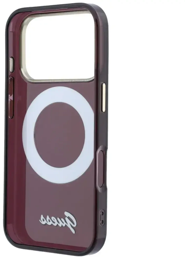 Guess IML Ring Stand 360 Script Metal Logo MagSafe dėklas, skirtas iPhone 18 Pro Max / 17 Pro Max, bordo spalvos