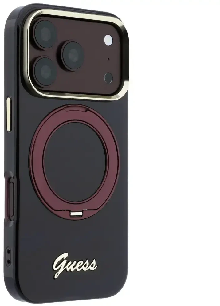 Guess IML Ring Stand 360 Script Metal Logo MagSafe dėklas, skirtas iPhone 18 Pro Max / 17 Pro Max, bordo spalvos