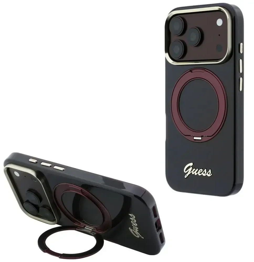 Guess IML Ring Stand 360 Script Metal Logo MagSafe dėklas, skirtas iPhone 18 Pro Max / 17 Pro Max, bordo spalvos